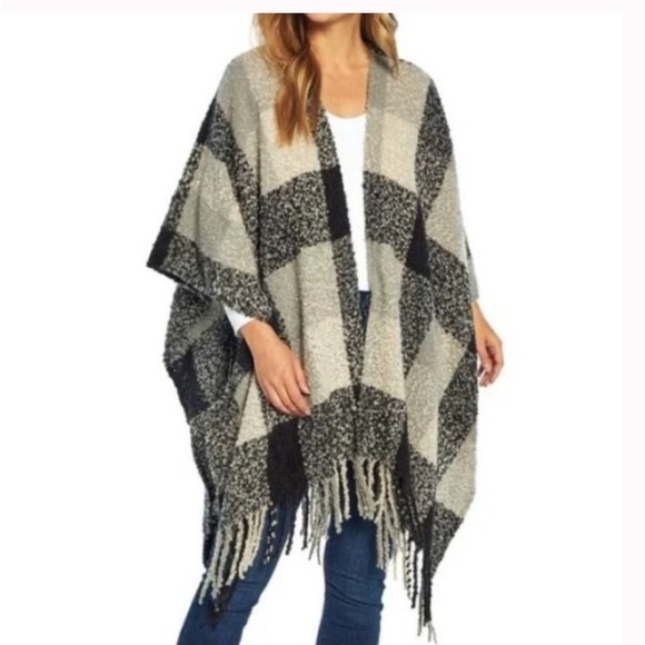 Plaid Textured Wrap Sweater Poncho Scarf - Picture 1 of 5